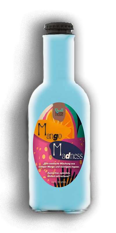 QuellFrisch Mango Madness – Flasche mit illustriertem Etikett